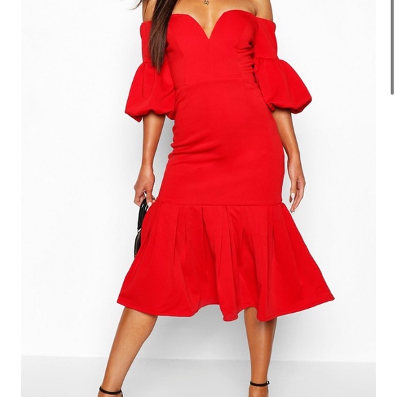 Plunge Puff Sleeve Frill Hem Midi Dress - Picture 4 of 5